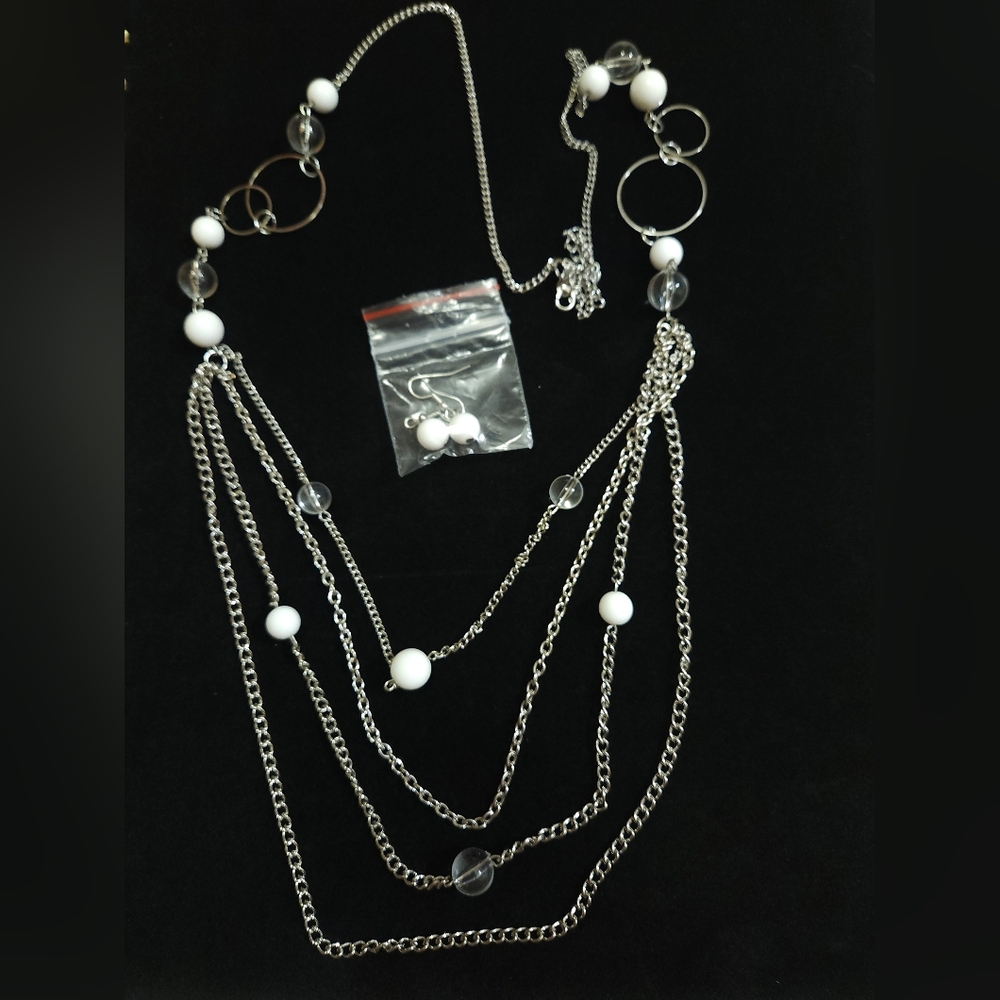 Paparazzi 4 Tiered Silvertone Chain Necklace 38" Long,  White & Clear Beads